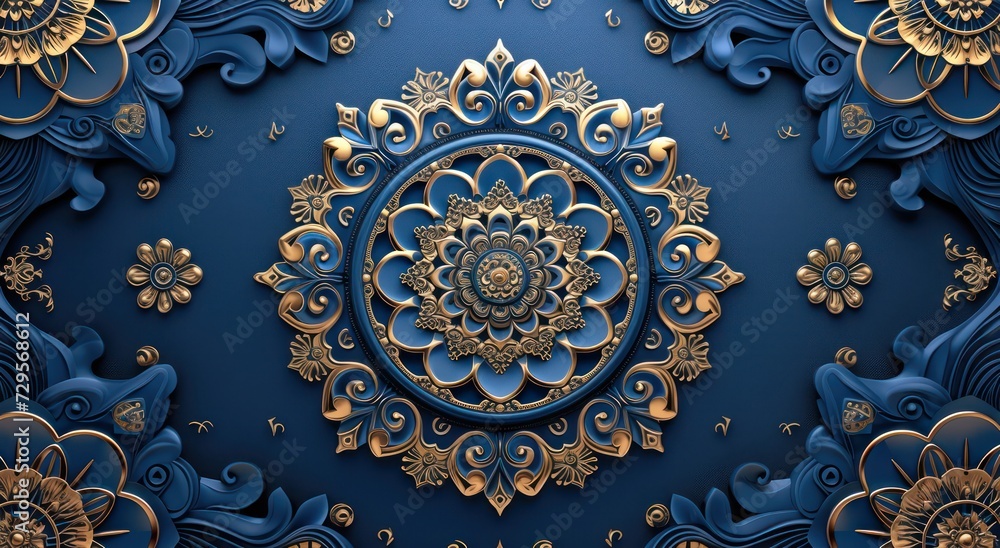 Decorative 3D wallpaper for the ceiling adorned with a blue and golden mandala design within a decorative frame backdrop. Decorative 3D wallpaper for the ceiling adorned with a blue and golden mandala design within a decorative frame backdrop.
