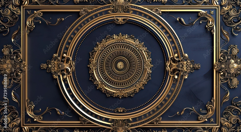 Blue and golden mandala decoration model set against a decorative frame background, featured in the 3D wallpaper for the ceiling.