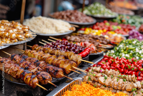 Halal street food, including grilled meats, rice, and pickled vegetables on vibrant market stalls, the energy of a bustling food market. Blurred backg