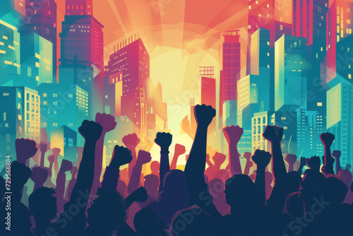 A diverse group of individuals raising their fists in a powerful show of unity against the backdrop of an evolving metropolis, capturing the energy an