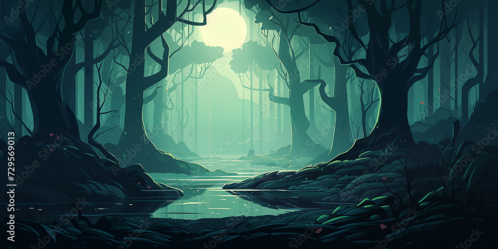 Cartoon fantasy twilight forest. Mystical woodland with trees, bushes, river and grass, mysterious forest landscape. Game background