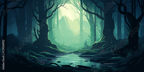 Cartoon fantasy forest. Mystical woodland with trees, bushes, river and grass at twilight, mysterious forest landscape. Game background