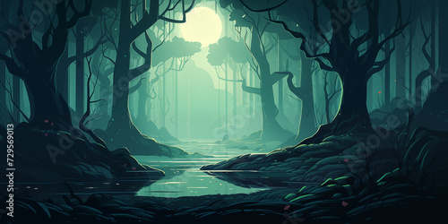 Cartoon fantasy twilight forest. Mystical woodland with trees, bushes, river and grass, mysterious forest landscape. Game background