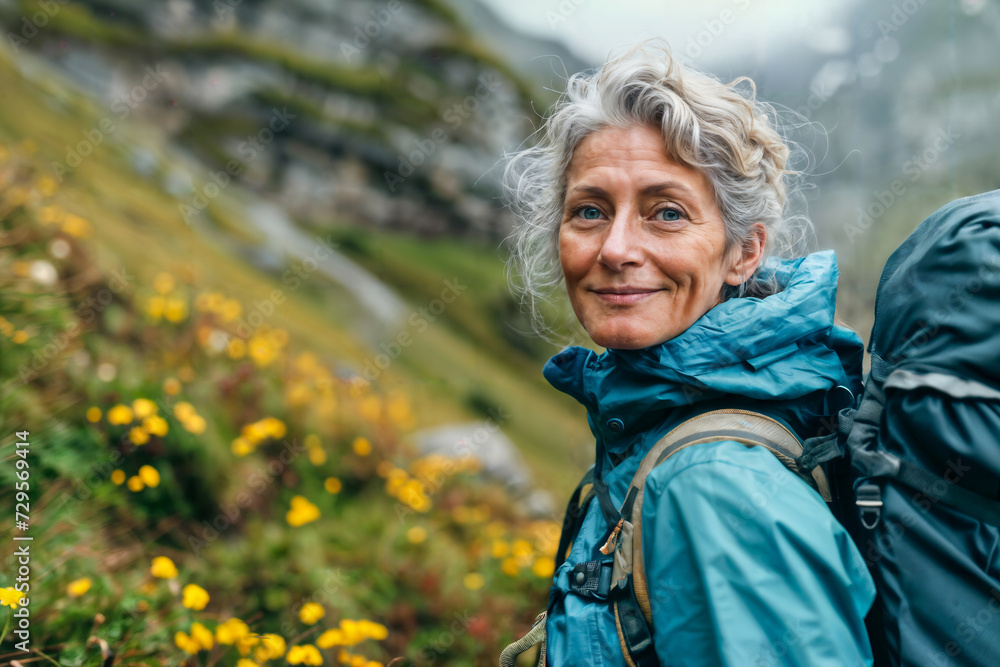 Mature Woman Hiking in Mountains. Generative AI Mature Woman Hiking in Mountains. Generative AI