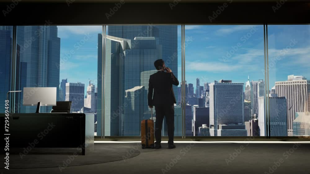 Asian Businessman walking With Suitcase Talks On Smartphone with Skyscrapers
Asian Businessman walking With Suitcase Talks On Smartphone with Skyscrapers
