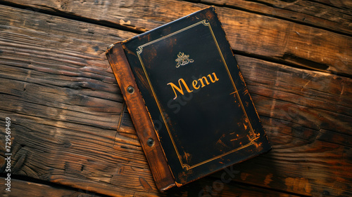 A very old menu lies on an old wooden table