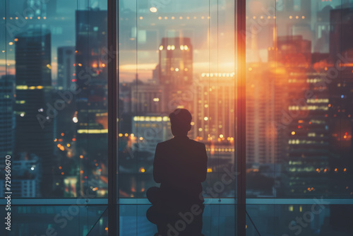A businessman sitting in front of a large window with the city skyline in the background
