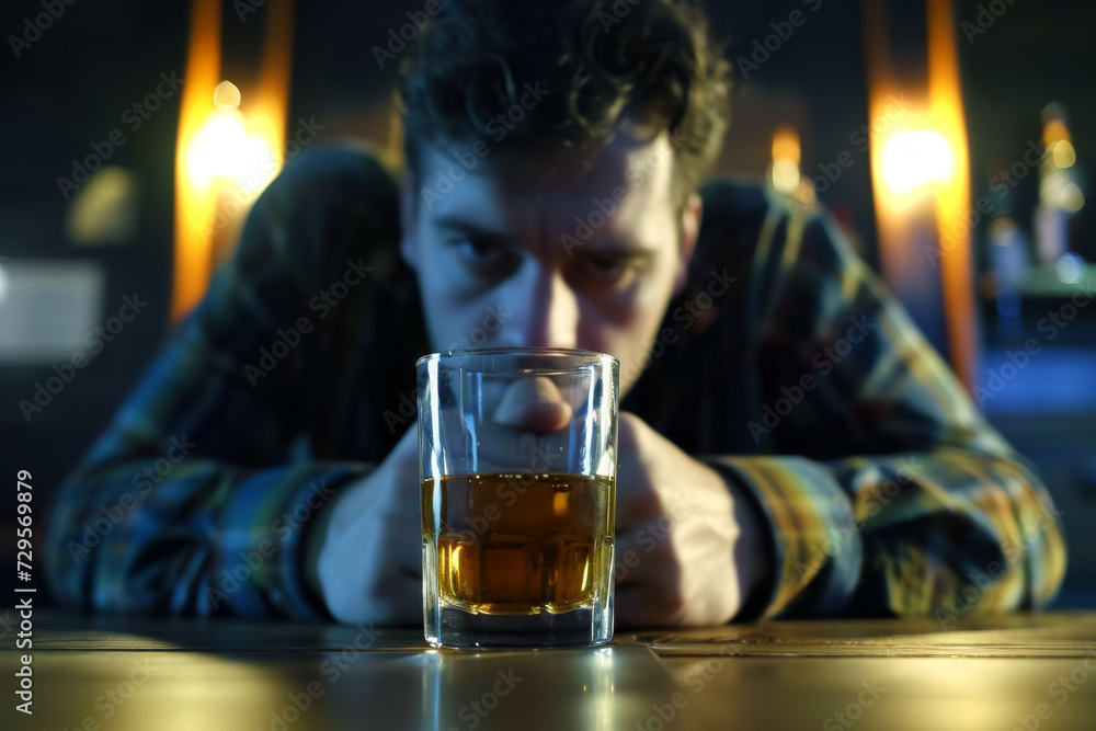 An alcoholic sits at a table with a glass of alcohol, the concept of alcoholism and problems. Backdrop