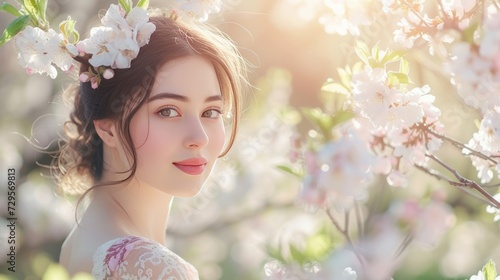 Beautiful young girl in dress enjoying flower field with first spring sun rays, blurred background with copy space for text