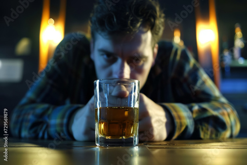 An alcoholic sits at a table with a glass of alcohol  the concept of alcoholism and problems. Backdrop