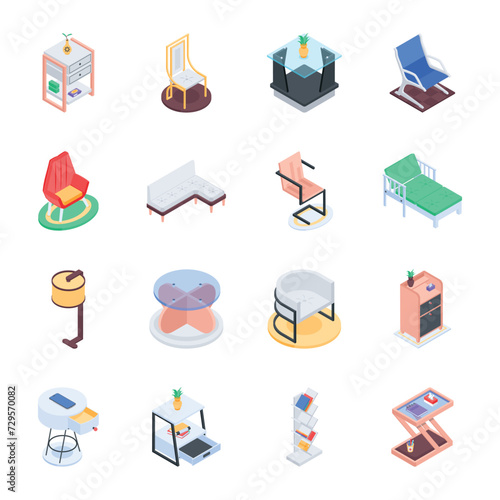 Collection of Modern Furniture Isometric Icons 

