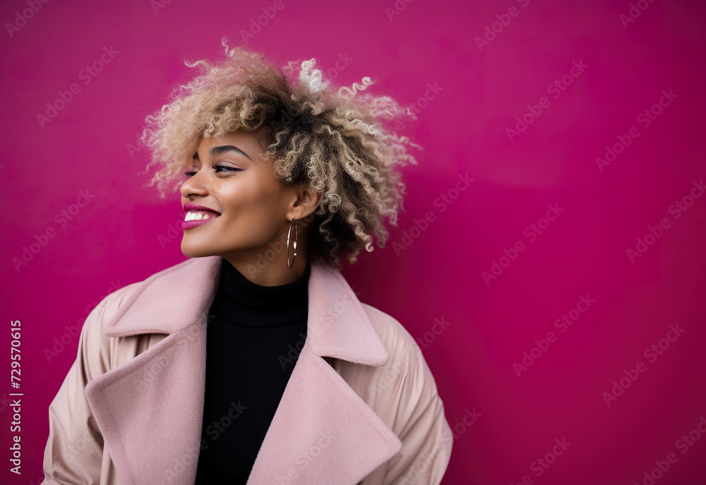 close-up African American girl in profile totally fashionable, with modern hairstyle, casual clothes and background on pink background
