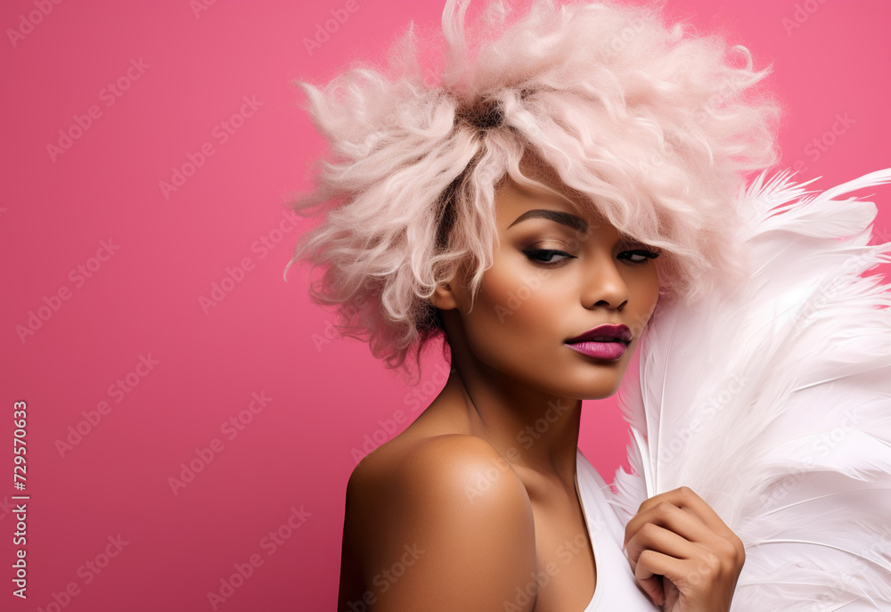 beautiful african american woman in profile with white hair and a feather in her hand, sexy, on pink background