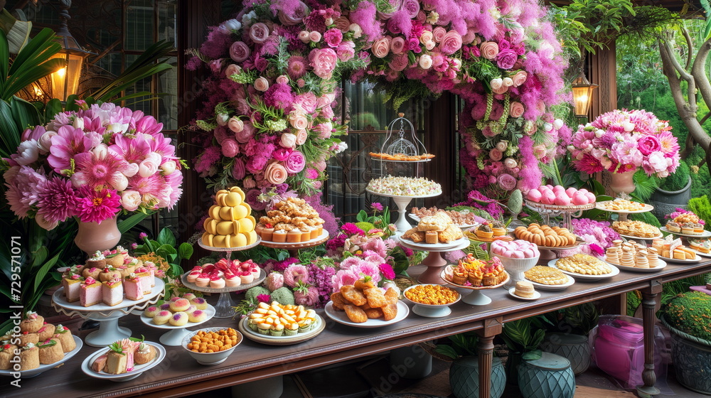 An opulent dessert table lavishly adorned with an array of pink flowers, creating a stunning visual feast for a special event.