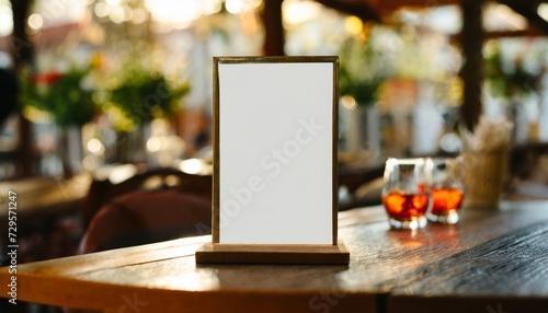menunmack up blank for text marketing promotion mock up menu frame standing on wood table in restaurant space for text