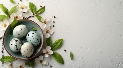 Easter table setting with painted eggs, floral decor on white background, flat lay with text space
