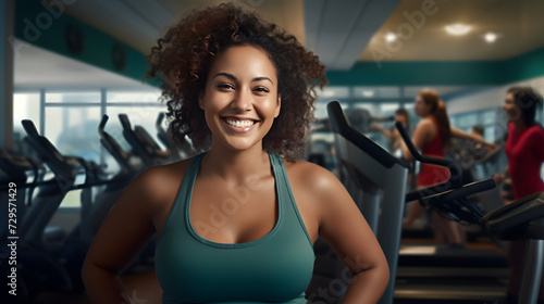 A woman confidently showcases her physical fitness and sporty style as she smiles for the camera at the gym, dressed in workout clothing and standing next to exercise equipment, with a focus on her t