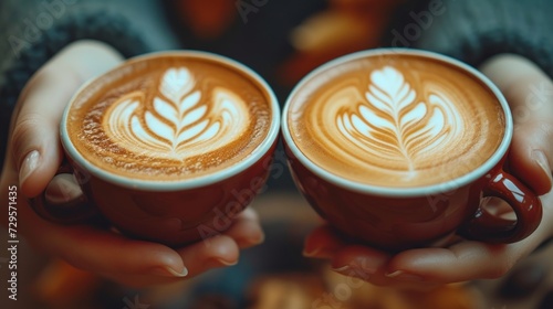 Two Hands Holding Cups of Artfully Crafted Cappuccino