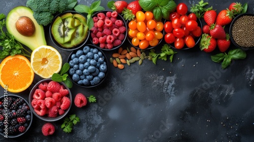 Variety of Fresh Fruits and Vegetables on a Dark Surface