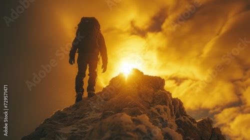 Mountaineer Reaching Summit at Sunset