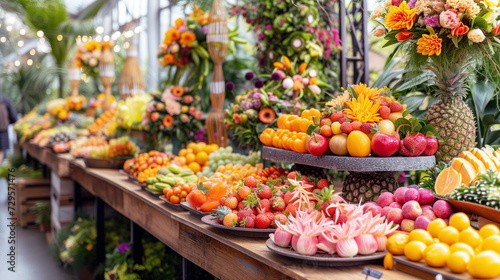 A colorful and healthy buffet spread featuring a rich assortment of fresh fruits, beautifully arranged to entice guests.