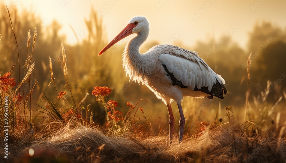 Large White Stork Bird Standing in a Field - obrazy, fototapety, plakaty 