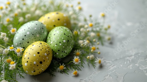 Easter table with painted eggs and floral decor on white background, perfect for spring celebration.