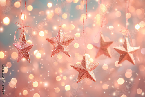 Birthday Background Pastel Peach Colours delicate powder pink Glitter Stars hang with soft caramel brown copy space 