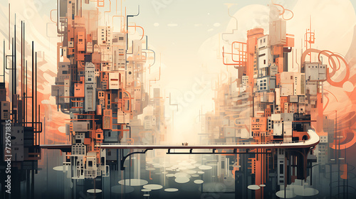 A surreal cityscape made of  shapes and lines 