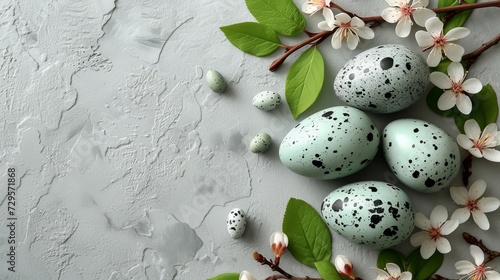 Easter table setting with painted eggs, floral decor on white background, flat lay   space for text