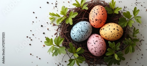 Top view of easter eggs in nest on white background, mockup for easter holiday celebration