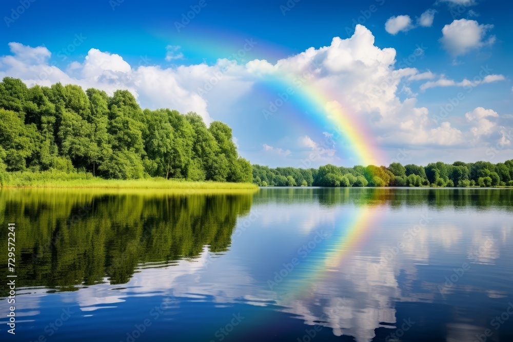 Double rainbow on summer reflecting in a calm lake, surrounded by green meadows and trees Double rainbow on summer reflecting in a calm lake, surrounded by green meadows and trees