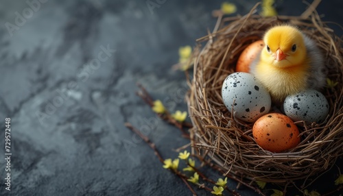 Easter eggs in nest with yellow cute chick on white background   top view mockup