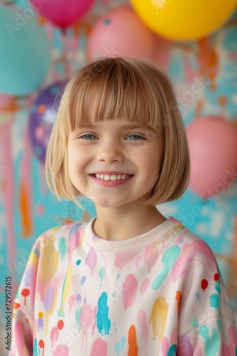 A little girl is smiling in front of balloons