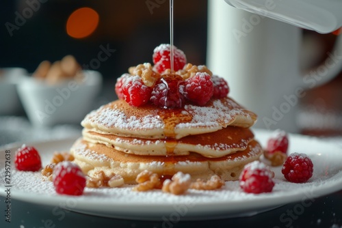 A stack of pancakes topped with raspberries and powdered sugar