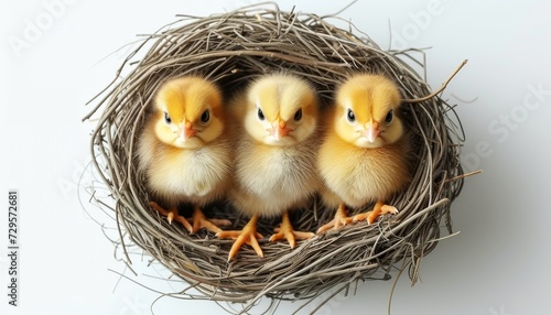 Easter eggs in nest with yellow chick on white background, top view for holiday celebration