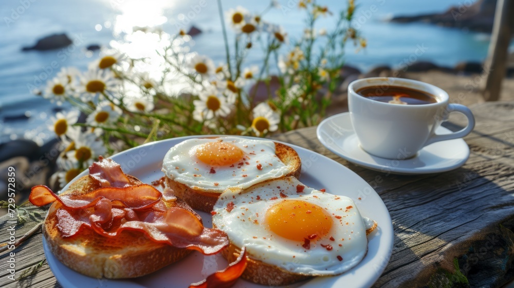 A plate of eggs and bacon with a cup of coffee A plate of eggs and bacon with a cup of coffee