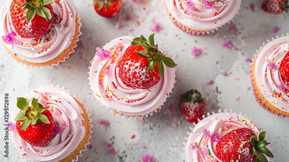 A table topped with cupcakes covered in frosting and topped with strawberries