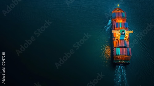 Top view container cargo ship at night sea, global import export logistics transportation business industry trade overseas worldwide. Generative Ai