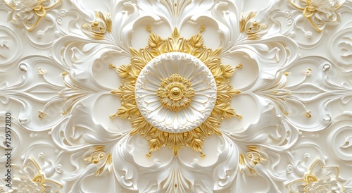 Ceiling 3D wallpaper adorned with a white and golden mandala decoration model set against a decorative frame backdrop.