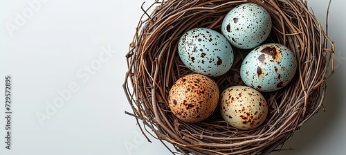 Colorful easter eggs in nest on white background, top view mockup for spring celebration