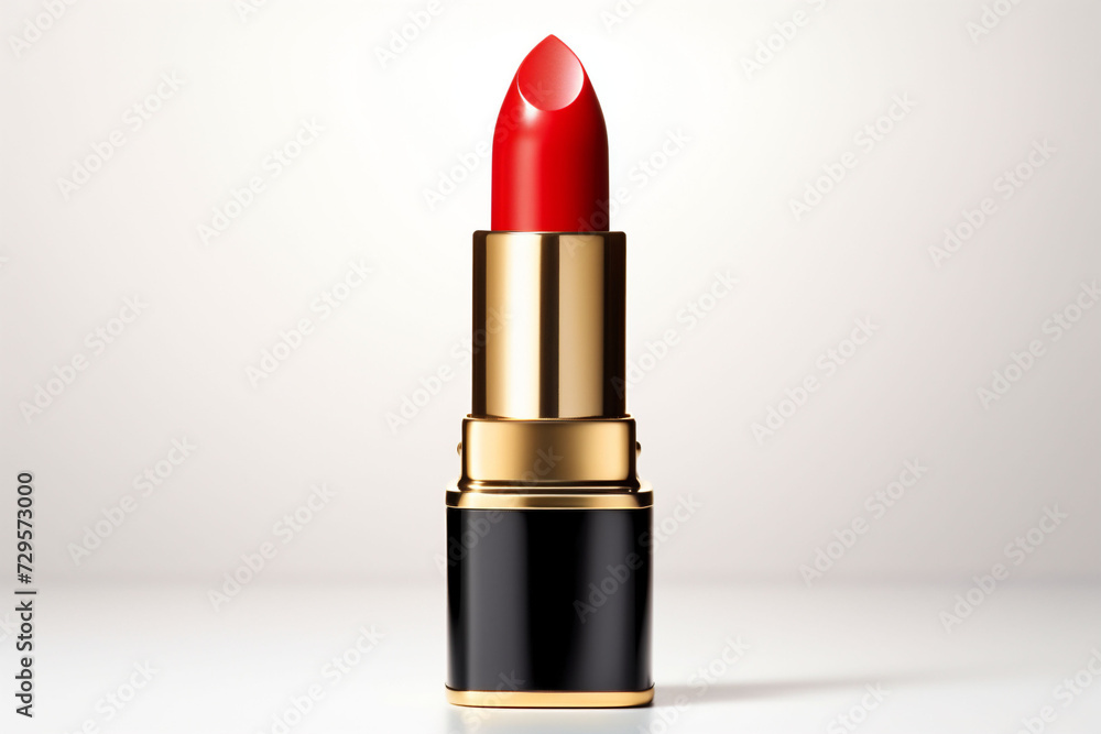A classic red lipstick in a black and gold tube is presented against a soft white background, symbolizing timeless beauty, used for makeup product showcasing and advertising. A classic red lipstick in a black and gold tube is presented against a soft white background, symbolizing timeless beauty, used for makeup product showcasing and advertising.
