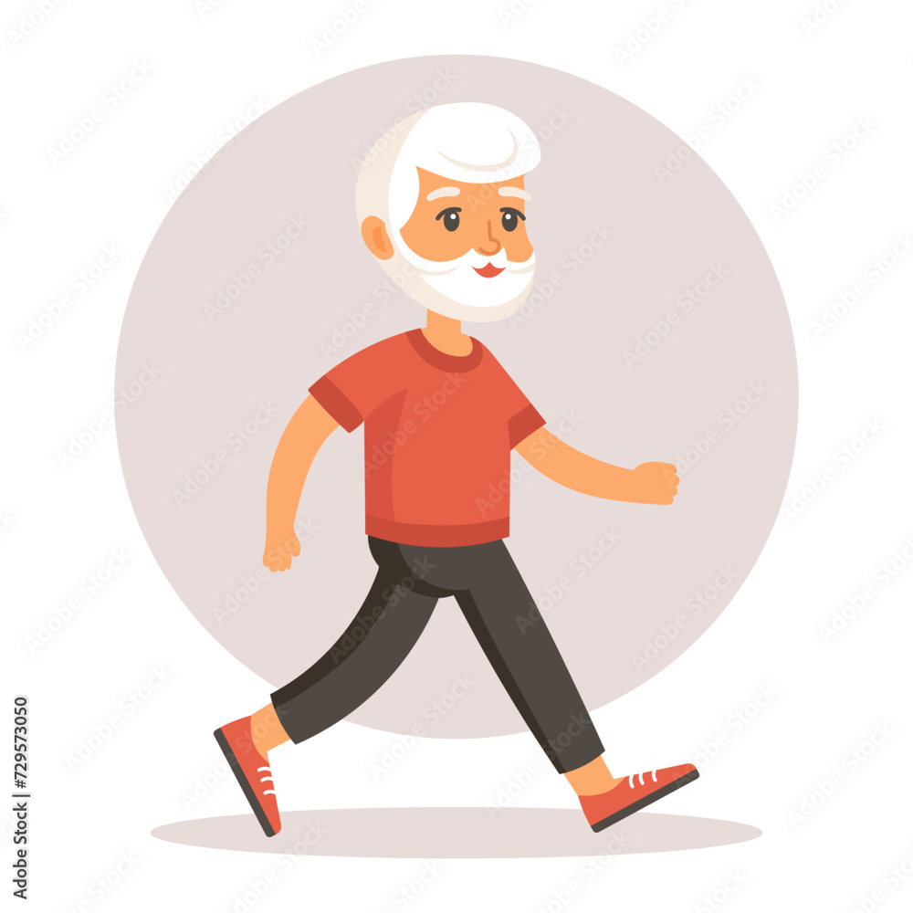 Happy old grandfather goes in for sports, yoga, walks. Elderly people exercising. Flat illustration in cartoon style, vector