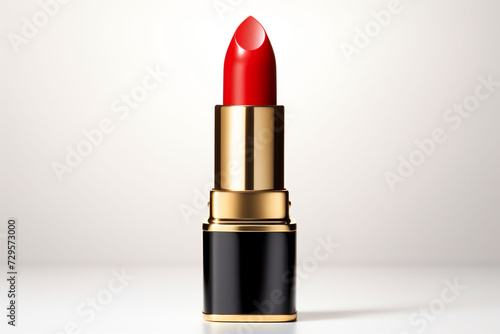 A classic red lipstick in a black and gold tube is presented against a soft white background, symbolizing timeless beauty, used for makeup product showcasing and advertising.