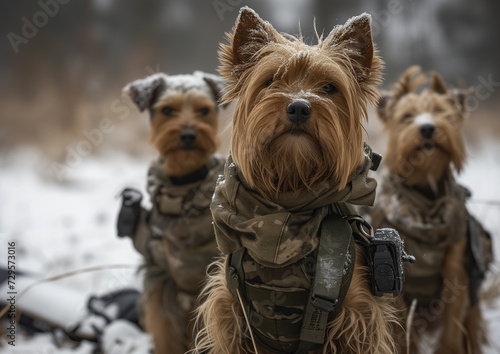 A Group of Small Terrier Dogs Dressed in Full Military Gear