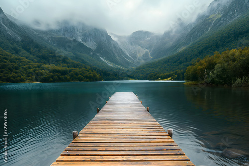 Early Morning at Misty Lake,  Dramatic Mountain Scenery, Lake at Sunrise,  photo