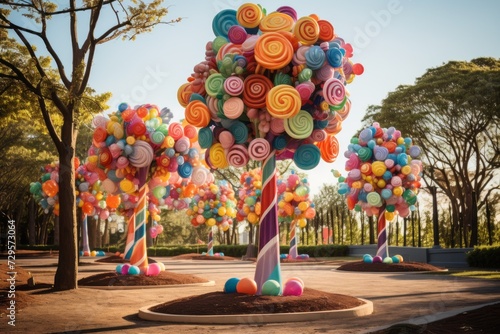 A sweet park comes alive with the presence of candy trees