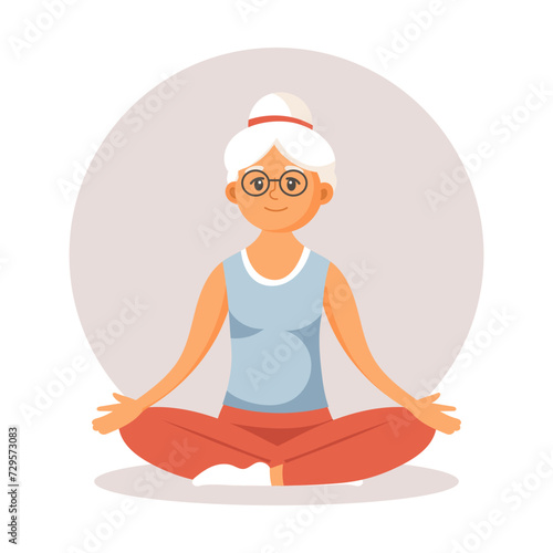 Happy old lady grandmother doing sports, yoga, walking. Elderly people exercising. Flat illustration in cartoon style, vector