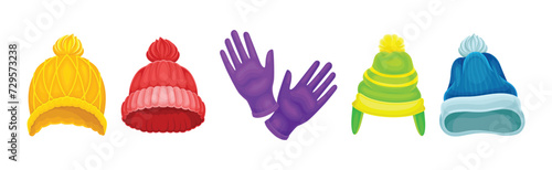 Winter Warm Clothes Accessory with Hat and Gloves Vector Set