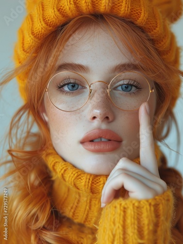 Portrait of a young beautiful woman with red hair and yellow cap and sweater in the studio.